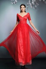 Decent Red Prom Gown Prom and Party and For with Sequins V-neck Short Sleeves Zipper