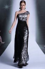 Most Popular Lace Black One Shoulder Neckline Embroidery Dress for Prom Sleeveless Side Zipper