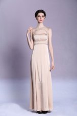 Affordable Bateau Sleeveless Prom Party Dress Floor Length Beading and Ruching Peach Satin