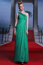 Elegant Turquoise Chiffon Side Zipper One Shoulder Sleeveless Floor Length Prom Dress Beading and Ruching