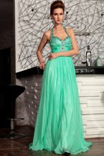 Designer Halter Top Turquoise Zipper Prom Dress Beading Sleeveless Sweep Train