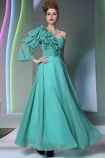 One Shoulder Turquoise Long Sleeves Ruffles and Ruching Floor Length Dress for Prom
