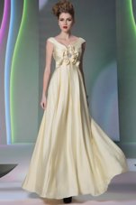 Sweet Scoop Light Yellow Chiffon Side Zipper Cap Sleeves Floor Length Beading and Ruching and Hand Made Flower