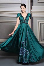 Floor Length Zipper Evening Dress Dark Green and In for Prom and Party with Beading and Embroidery and Belt