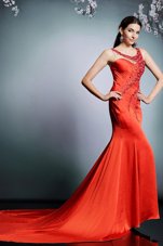 Customized Coral Red Side Zipper Scoop Beading Prom Gown Satin Sleeveless Court Train