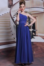 Royal Blue Ball Gowns One Shoulder Sleeveless Chiffon Floor Length Side Zipper Beading and Pleated Dress for Prom