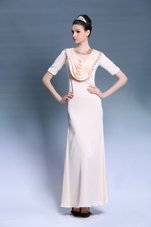 Pretty Champagne Empire Scoop Short Sleeves Chiffon Floor Length Zipper Beading and Ruching Prom Evening Gown