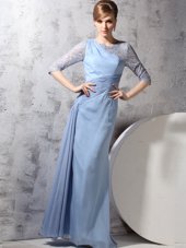 Scoop Half Sleeves Prom Dress Ankle Length Beading and Ruching Light Blue Chiffon