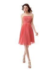 Watermelon Red Strapless Neckline Beading and Pleated Cocktail Dresses Sleeveless Zipper