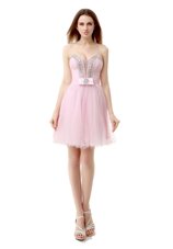 Baby Pink A-line Beading Cocktail Dresses Zipper Tulle Sleeveless Knee Length