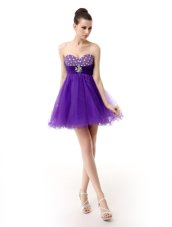 Amazing Purple Zipper Juniors Party Dress Beading Sleeveless Knee Length