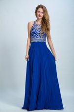 Scoop Royal Blue Empire Beading Prom Dress Criss Cross Chiffon Sleeveless Floor Length