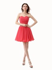 Watermelon Red Chiffon Zipper Sweetheart Sleeveless Mini Length Party Dress Beading and Ruching