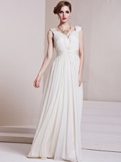 Edgy Chiffon V-neck Cap Sleeves Backless Beading and Ruching Prom Evening Gown in White