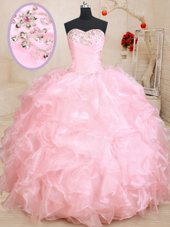 Sexy Baby Pink Lace Up Sweetheart Beading and Ruffles Quinceanera Dress Organza Sleeveless
