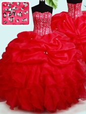 Red Organza Lace Up Sweet 16 Dresses Sleeveless Floor Length Beading and Ruffles and Pick Ups