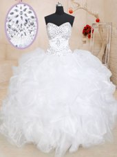 Modern Sleeveless Floor Length Beading and Lace and Ruffles and Pick Ups Lace Up Quince Ball Gowns with Light Blue