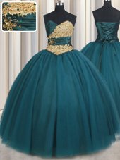 Teal Ball Gowns Tulle Sweetheart Sleeveless Beading Floor Length Lace Up Quinceanera Gown