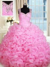 Floor Length Lace Up Quinceanera Dress Red and In for Military Ball and Sweet 16 and Quinceanera with Beading and Ruffles