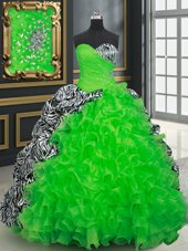 Best Selling Ball Gowns Sweetheart Sleeveless Organza and Printed Brush Train Lace Up Beading and Ruffles and Pick Ups Quinceanera Dress