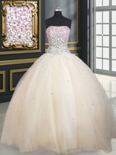 Champagne Lace Up Quinceanera Dress Beading Sleeveless Floor Length