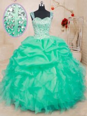 Stunning Straps Straps Sleeveless Beading and Ruffles and Pick Ups Lace Up Quince Ball Gowns