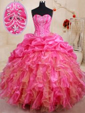 Sleeveless Floor Length Beading and Ruffles and Pick Ups Lace Up 15 Quinceanera Dress with Hot Pink