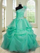 Traditional One Shoulder Turquoise Ball Gowns Beading and Hand Made Flower 15th Birthday Dress Lace Up Organza Sleeveless Floor Length