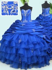 Sleeveless Organza and Taffeta With Train Court Train Lace Up Quinceanera Gowns in Royal Blue for with Beading and Ruffled Layers and Pick Ups