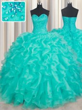 Artistic Turquoise Ball Gowns Sweetheart Sleeveless Organza Floor Length Lace Up Beading and Ruffles Quinceanera Gowns