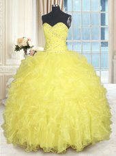 Artistic Floor Length Lace Up Quinceanera Gowns Yellow and In for Military Ball and Sweet 16 and Quinceanera with Beading and Ruffles