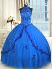 Halter Top See Through Blue Sleeveless Beading and Appliques Floor Length Sweet 16 Quinceanera Dress