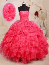 Fancy Organza Sleeveless Floor Length 15 Quinceanera Dress and Beading and Ruffles and Sequins and Hand Made Flower