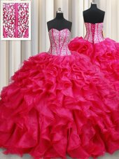 Custom Design Coral Red Sleeveless Brush Train Beading and Ruffles With Train 15th Birthday Dress
