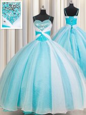 Sophisticated White and Blue Lace Up Spaghetti Straps Beading Quinceanera Dresses Organza Sleeveless