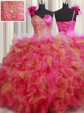 Amazing One Shoulder Multi-color Organza and Tulle Lace Up 15th Birthday Dress Sleeveless Floor Length Beading and Ruffles and Hand Made Flower