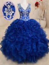 Romantic V-neck Sleeveless Backless Sweet 16 Dress Royal Blue Organza