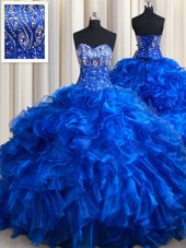 Vintage Royal Blue Ball Gowns Sweetheart Sleeveless Organza Brush Train Lace Up Beading and Ruffles Quinceanera Gowns