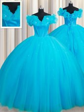Baby Blue Ball Gowns Off The Shoulder Sleeveless Tulle Court Train Lace Up Hand Made Flower Quinceanera Gowns