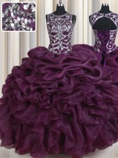 Scoop Dark Purple Sleeveless Floor Length Beading and Ruffles and Pick Ups Lace Up Quince Ball Gowns