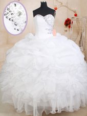 On Sale Floor Length White Quinceanera Gown Organza Sleeveless Beading and Ruffles and Pick Ups