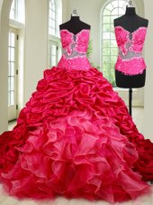 Exquisite Chapel Train See Through Coral Red Sweetheart Neckline Beading and Ruffles and Pick Ups Vestidos de Quinceanera Sleeveless Lace Up