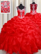 Hot Sale Floor Length Red Quinceanera Gowns Straps Sleeveless Zipper