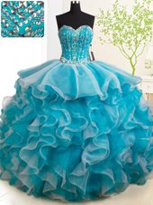 Teal Sleeveless Brush Train Beading and Ruffles With Train Quinceanera Dress