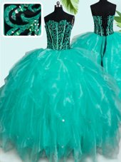 Decent Turquoise Ball Gowns Organza Sweetheart Sleeveless Beading and Ruffles Floor Length Lace Up Sweet 16 Quinceanera Dress