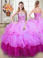Exquisite Organza Sleeveless Floor Length Quinceanera Gown and Ruffles and Sequins