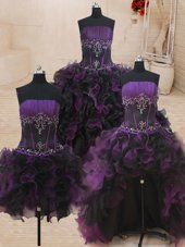 Four Piece Ball Gowns Quince Ball Gowns Black and Purple Strapless Organza Sleeveless Floor Length Lace Up