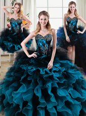 Four Piece Floor Length Lace Up Quinceanera Dress Black and Blue and In for Military Ball and Sweet 16 and Quinceanera with Beading and Ruffles and Hand Made Flower