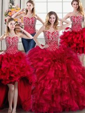 Four Piece Red Ball Gowns Beading and Ruffles Quinceanera Dresses Lace Up Organza Sleeveless