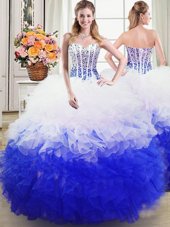 Blue And White Lace Up Sweetheart Beading and Ruffles Ball Gown Prom Dress Organza Sleeveless